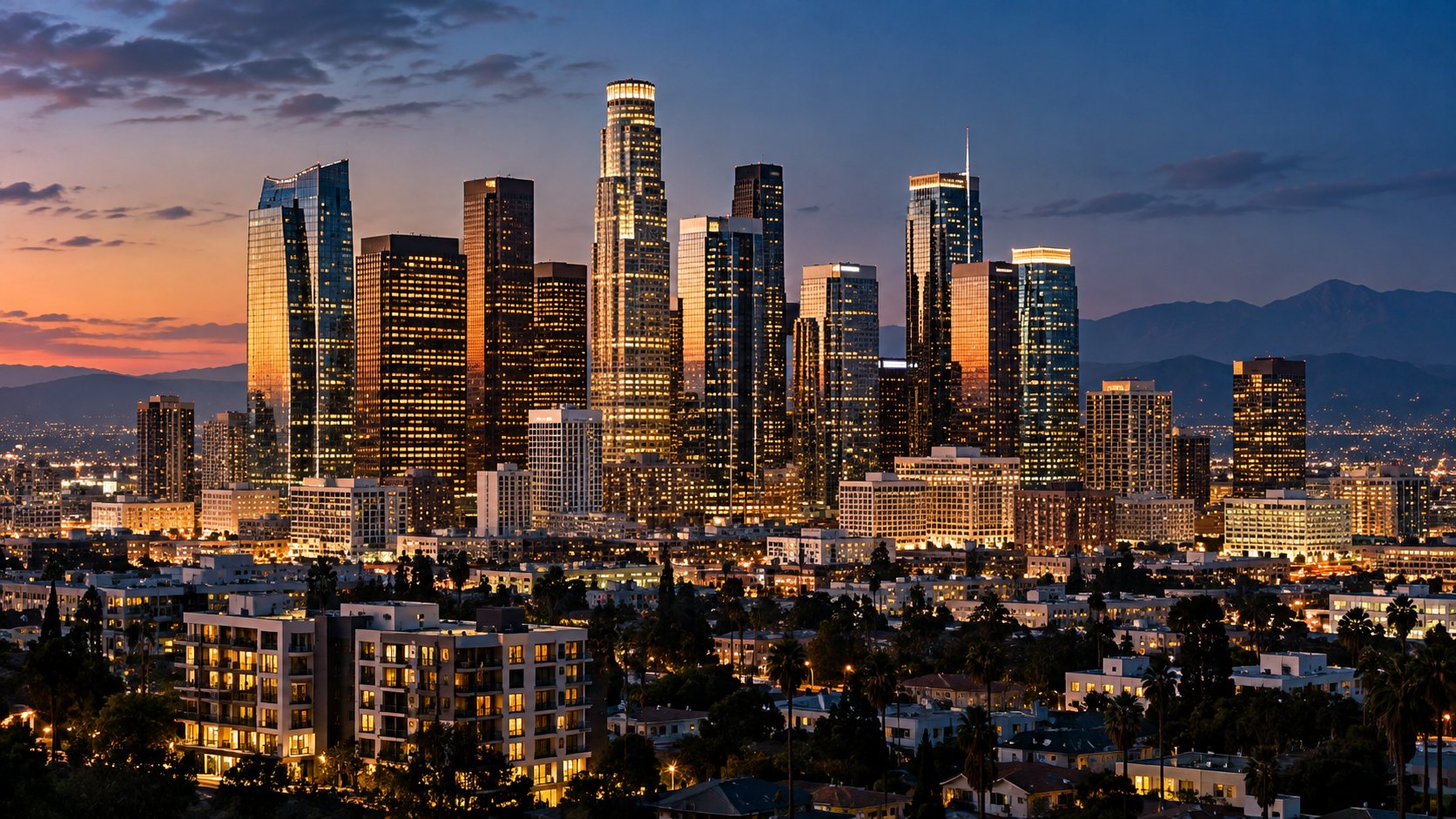 Illustrative Downtown Los Angeles skyline at dusk